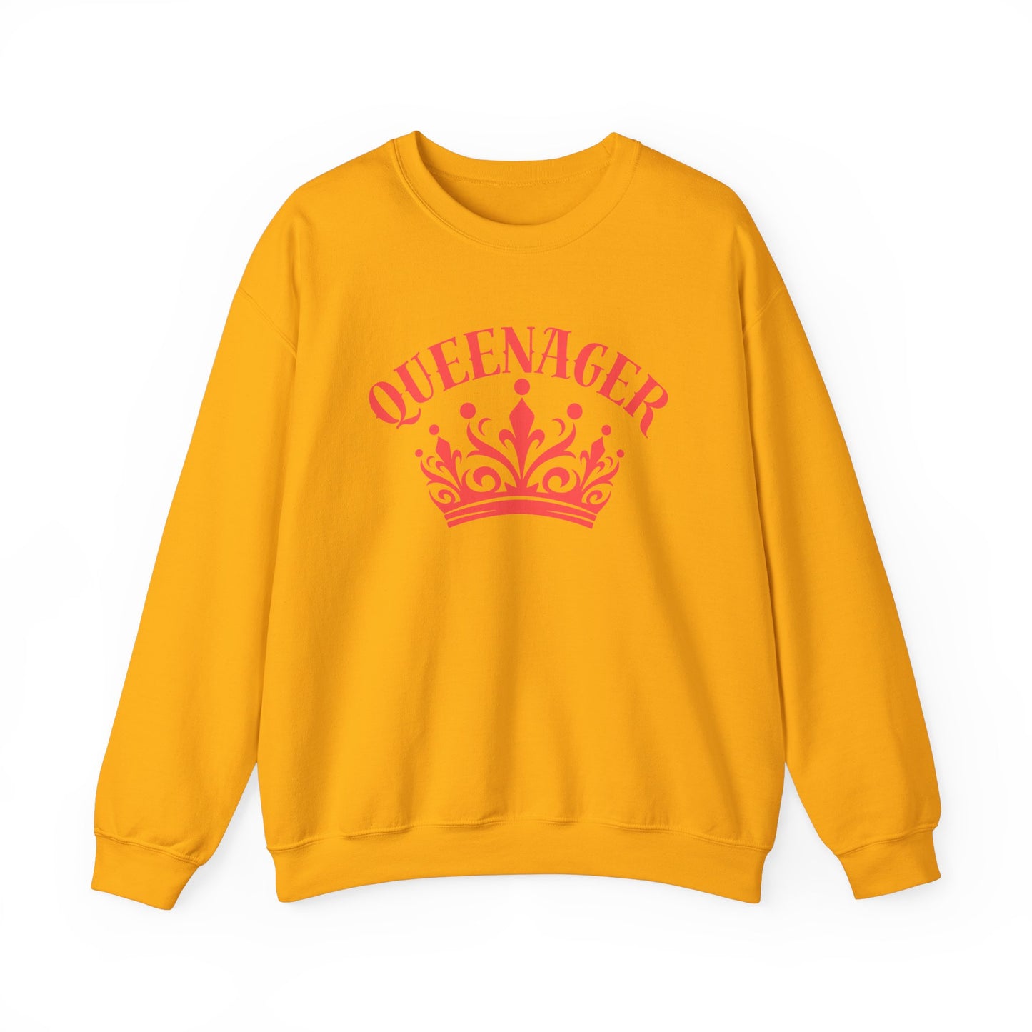 Bold Queenager slogan t-shirt, with crown image, age-positive statement tee, for empowered, confident, empty nesters, fun gift for women in midlife