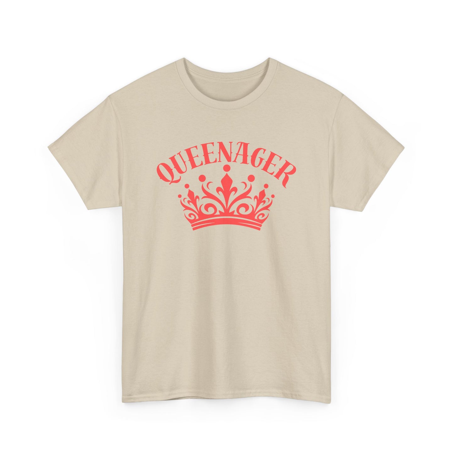 Bold Queenager slogan t-shirt, with crown image, age-positive statement tee, for empowered, confident, empty nesters, fun gift for women in midlife