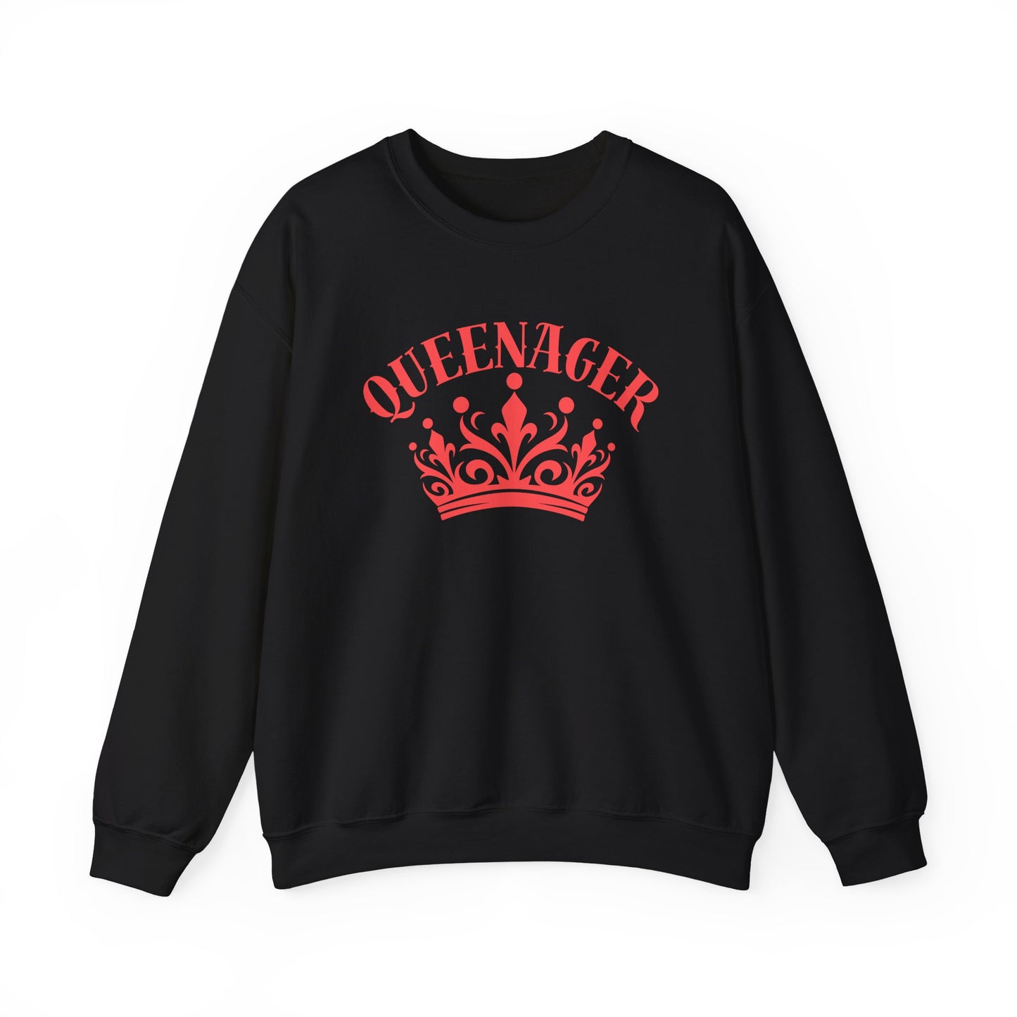 Bold Queenager slogan sweatshirt, with crown image, age-positive statement top, for empowered, confident, empty nesters, fun gift for women in midlife