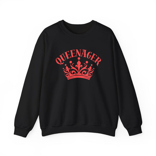 Bold Queenager slogan sweatshirt, with crown image, age-positive statement top, for empowered, confident, empty nesters, fun gift for women in midlife