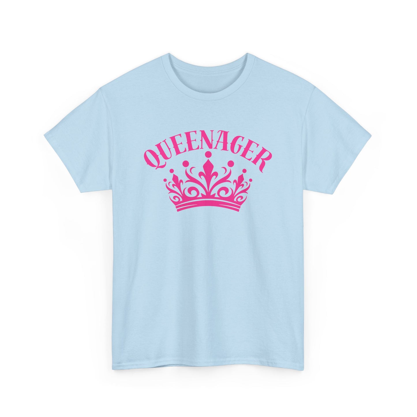 Bold Queenager slogan t-shirt, with crown image, age-positive statement tee, for empowered, confident, empty nesters, fun gift for women in midlife