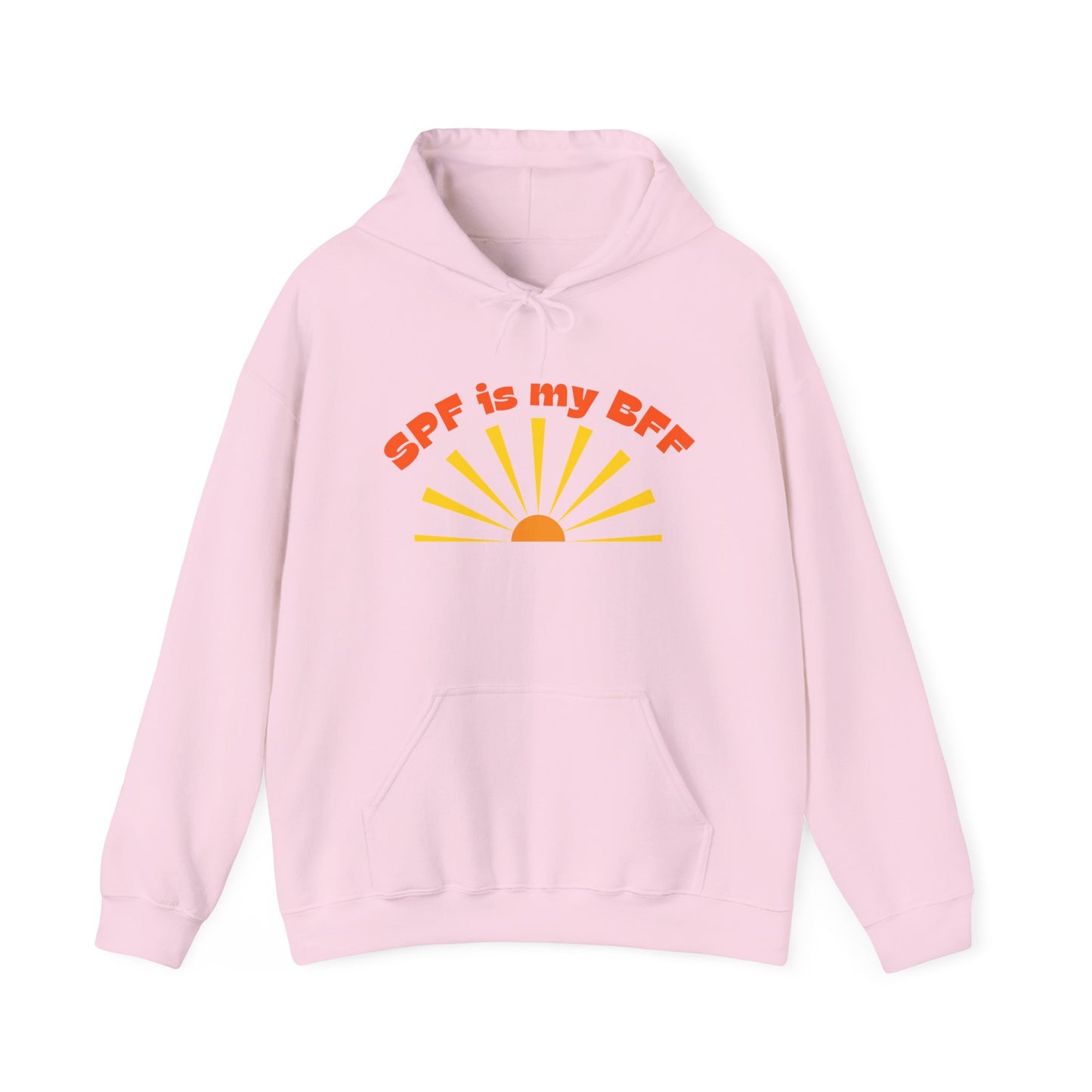 Bold SPF Is My BFF slogan hoodie, for anti-aging fashion, SPF awareness, safe sun, sunscreen, skin protection, sun protection statement hoodie