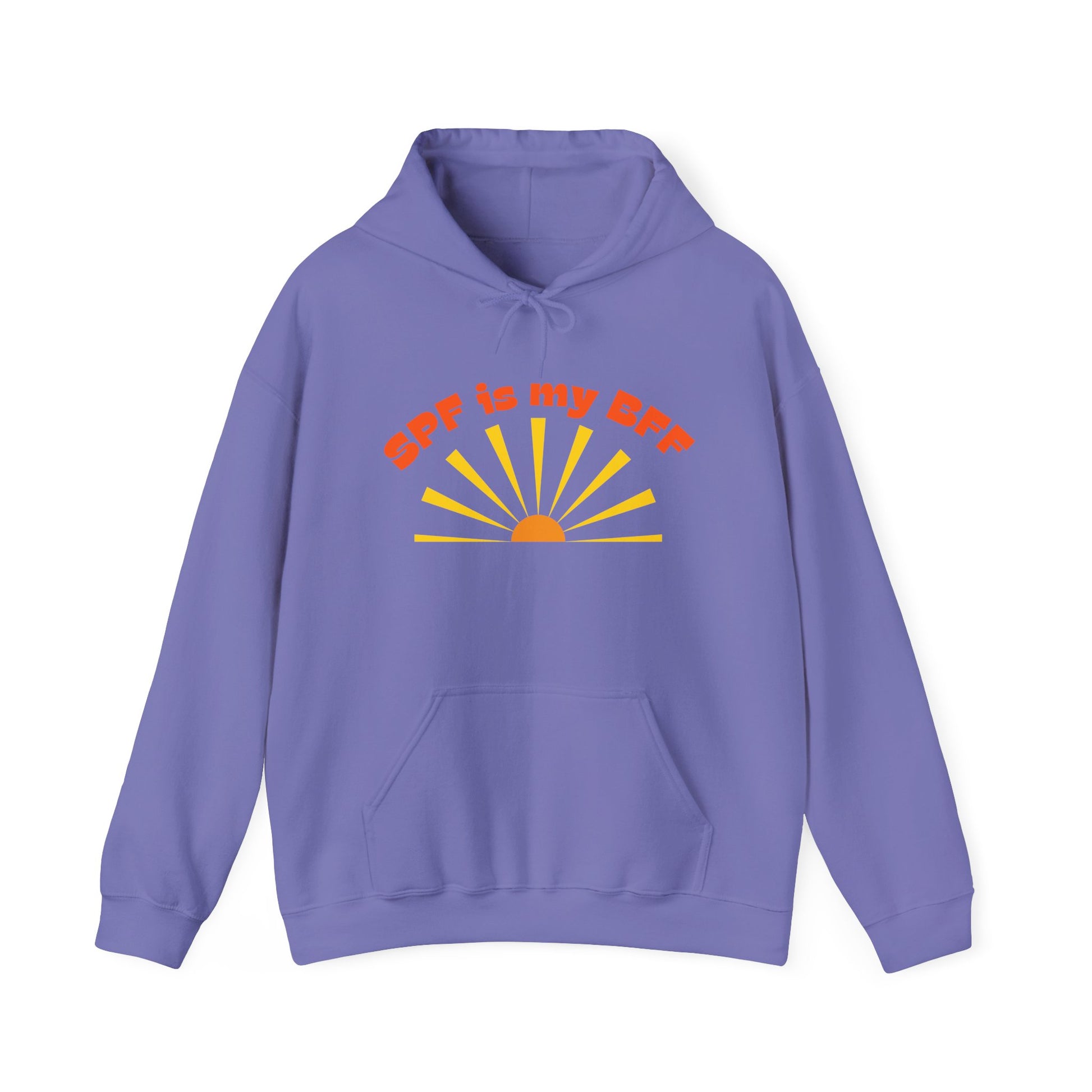 Bold SPF Is My BFF slogan hoodie, for anti-aging fashion, SPF awareness, safe sun, sunscreen, skin protection, sun protection statement hoodie