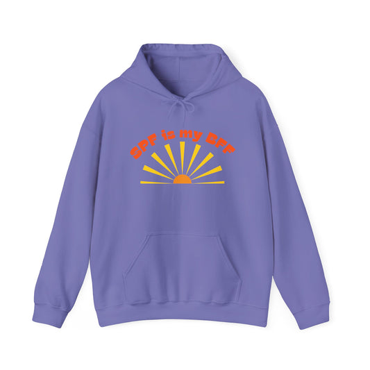 Bold SPF Is My BFF slogan hoodie, for anti-aging fashion, SPF awareness, safe sun, sunscreen, skin protection, sun protection statement hoodie