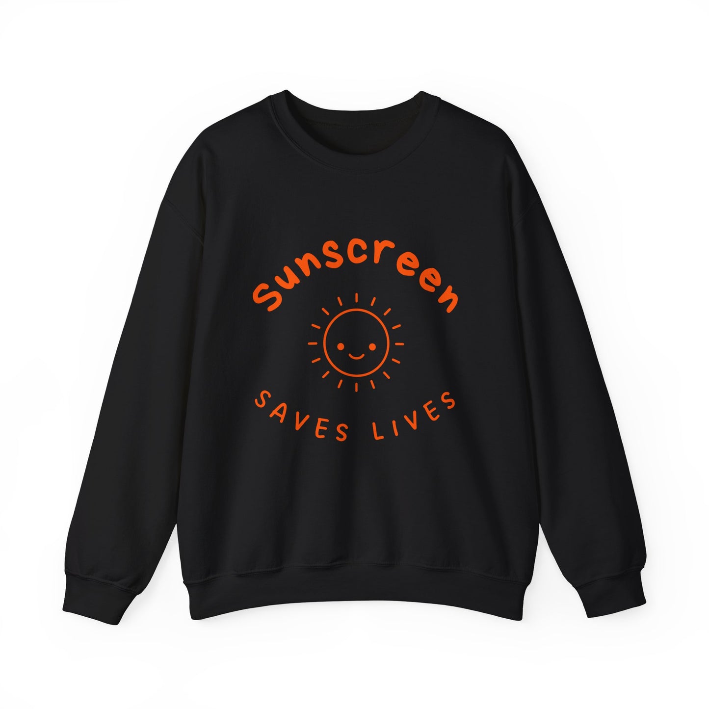 Bold Sunscreen Saves Lives slogan sweatshirt, with smiley sun graphic, for anti-aging fashion, SPF awareness, safe sun, sunscreen, skin protection, sun protection statement top