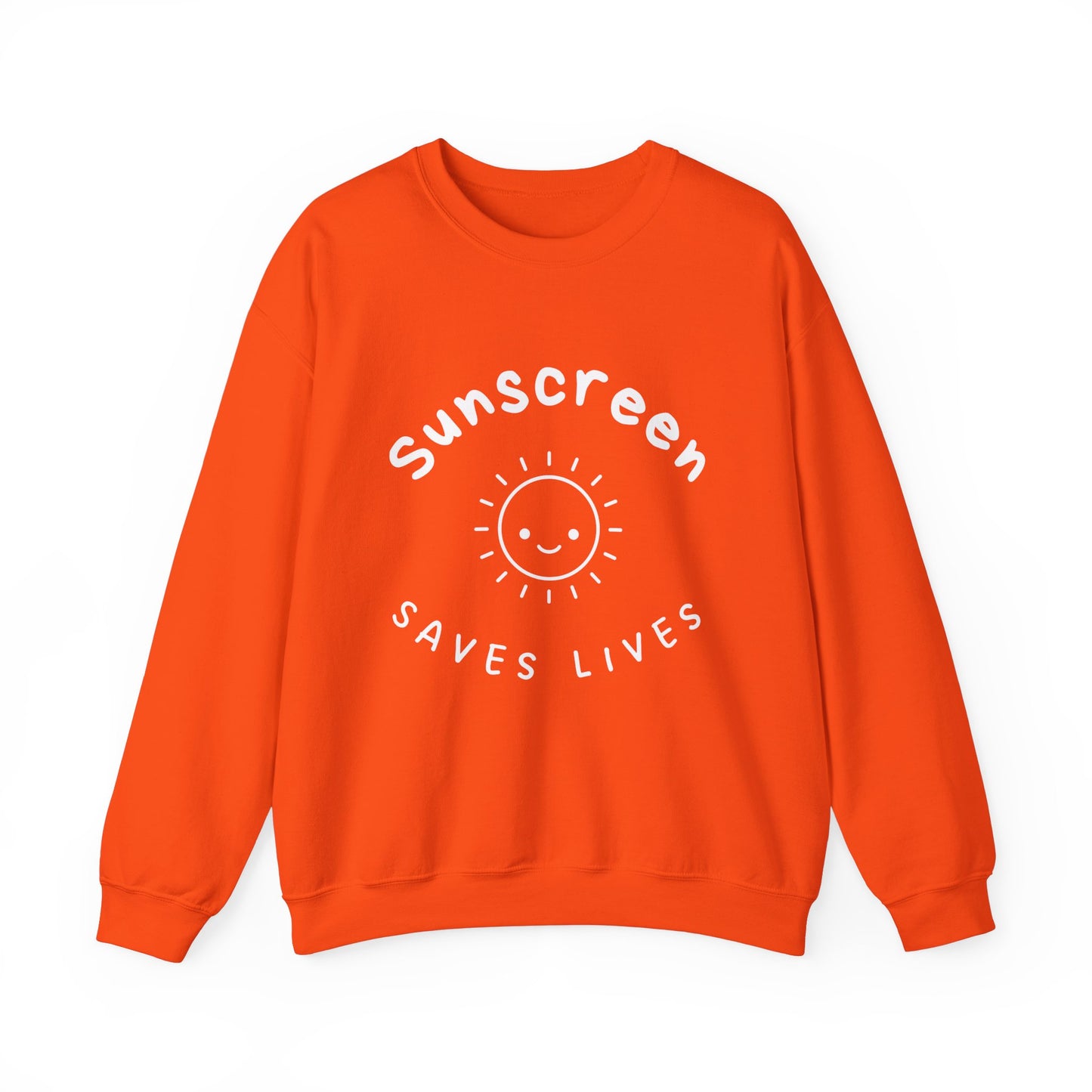 Bold Sunscreen Saves Lives slogan sweatshirt, with smiley sun graphic, for anti-aging fashion, SPF awareness, safe sun, sunscreen, skin protection, sun protection statement top
