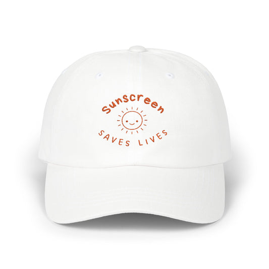Bold Sunscreen Saves Lives slogan baseball cap, with smiley sun graphic, for anti-aging fashion, SPF awareness, safe sun, sunscreen, skin protection, sun protection statement hat