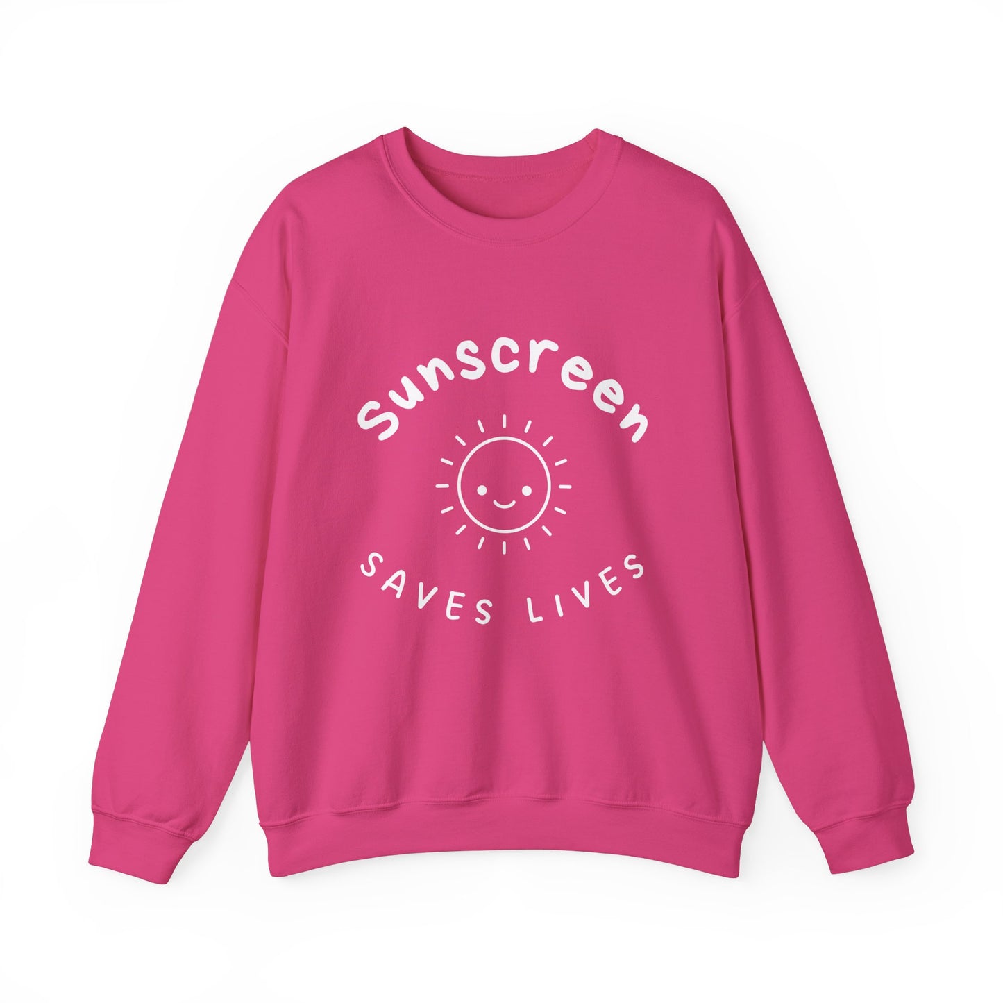 Bold Sunscreen Saves Lives slogan sweatshirt, with smiley sun graphic, for anti-aging fashion, SPF awareness, safe sun, sunscreen, skin protection, sun protection statement top