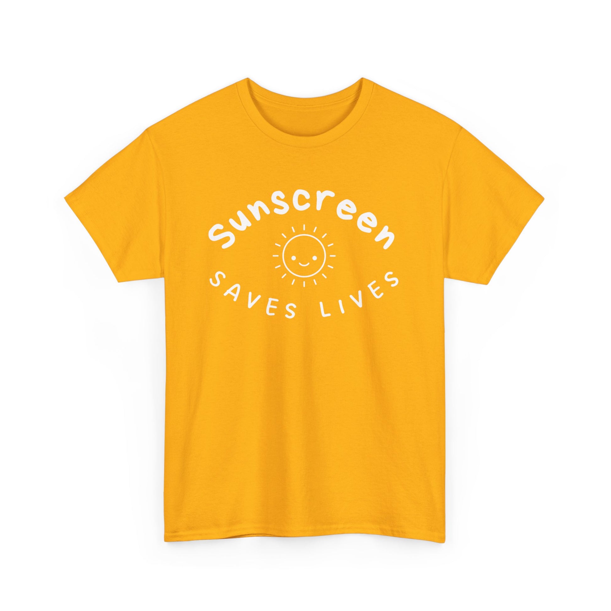 Bold Sunscreen Saves Lives slogan T-shirt, with smiley sun graphic, for anti-aging fashion, SPF awareness, safe sun, sunscreen, skin protection, sun protection statement tee