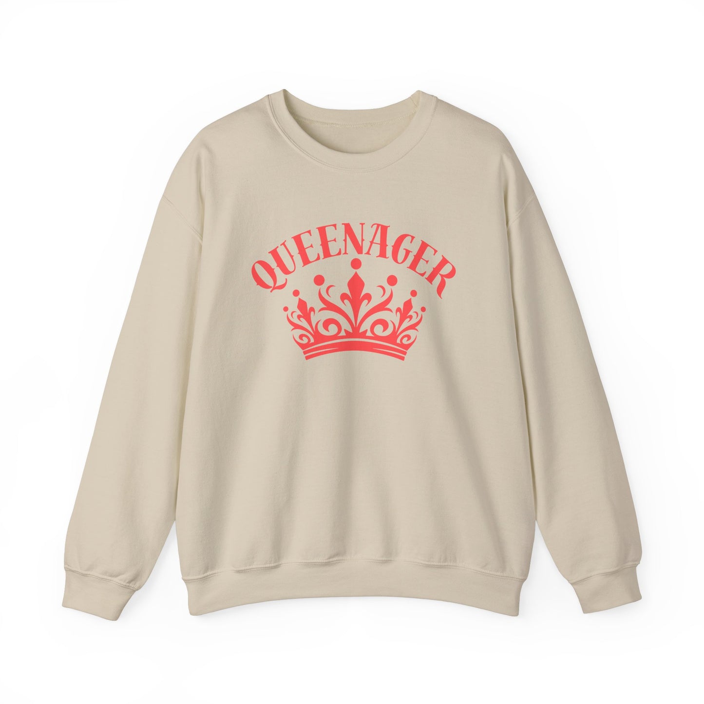 Bold Queenager slogan t-shirt, with crown image, age-positive statement tee, for empowered, confident, empty nesters, fun gift for women in midlife