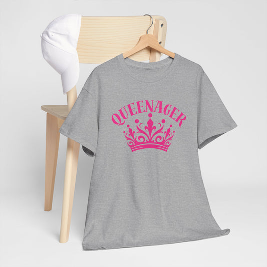 Bold Queenager slogan t-shirt, with crown image, age-positive statement tee, for empowered, confident, empty nesters, fun gift for women in midlife