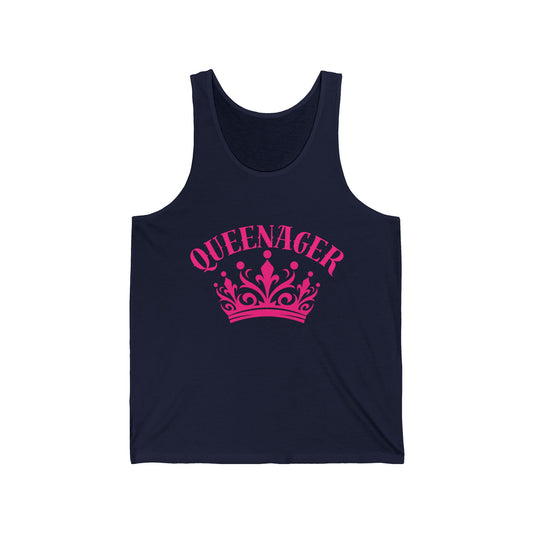 Bold Queenager slogan vest, with crown image, age-positive statement tank, for empowered, confident, empty nesters, fun gift for women in midlife