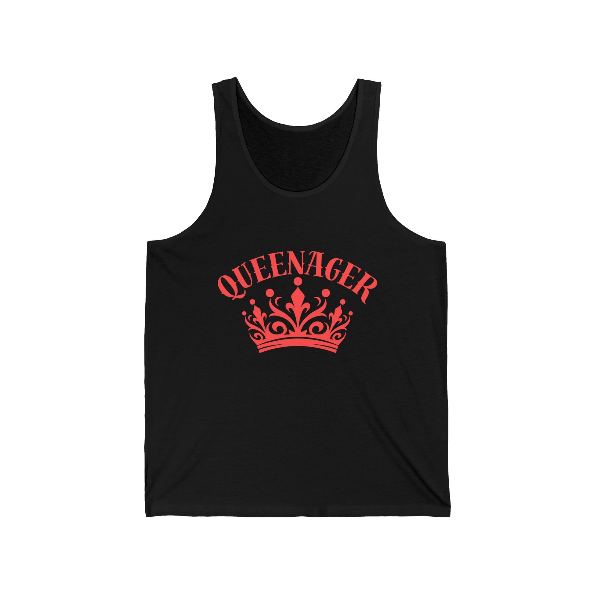 Bold Queenager slogan vest, with crown image, age-positive statement tank, for empowered, confident, empty nesters, fun gift for women in midlife