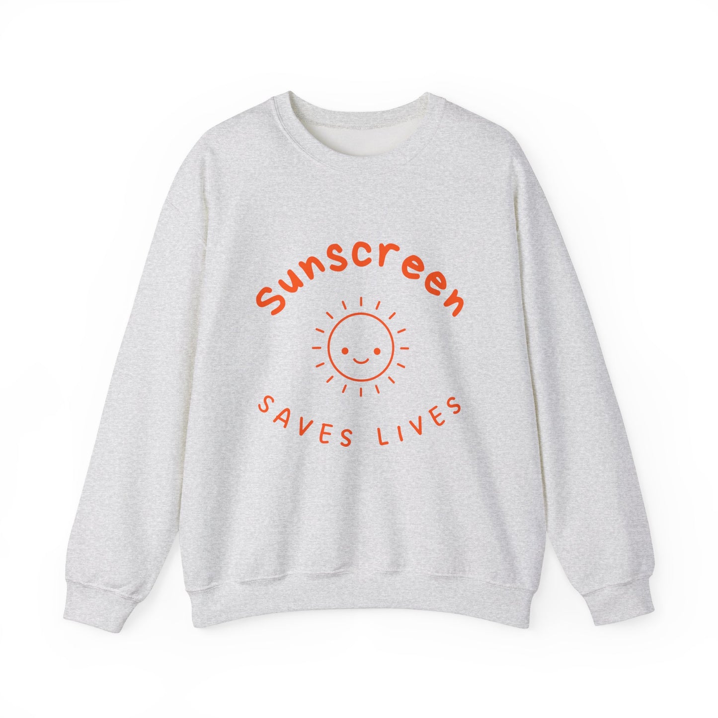 Bold Sunscreen Saves Lives slogan sweatshirt, with smiley sun graphic, for anti-aging fashion, SPF awareness, safe sun, sunscreen, skin protection, sun protection statement top