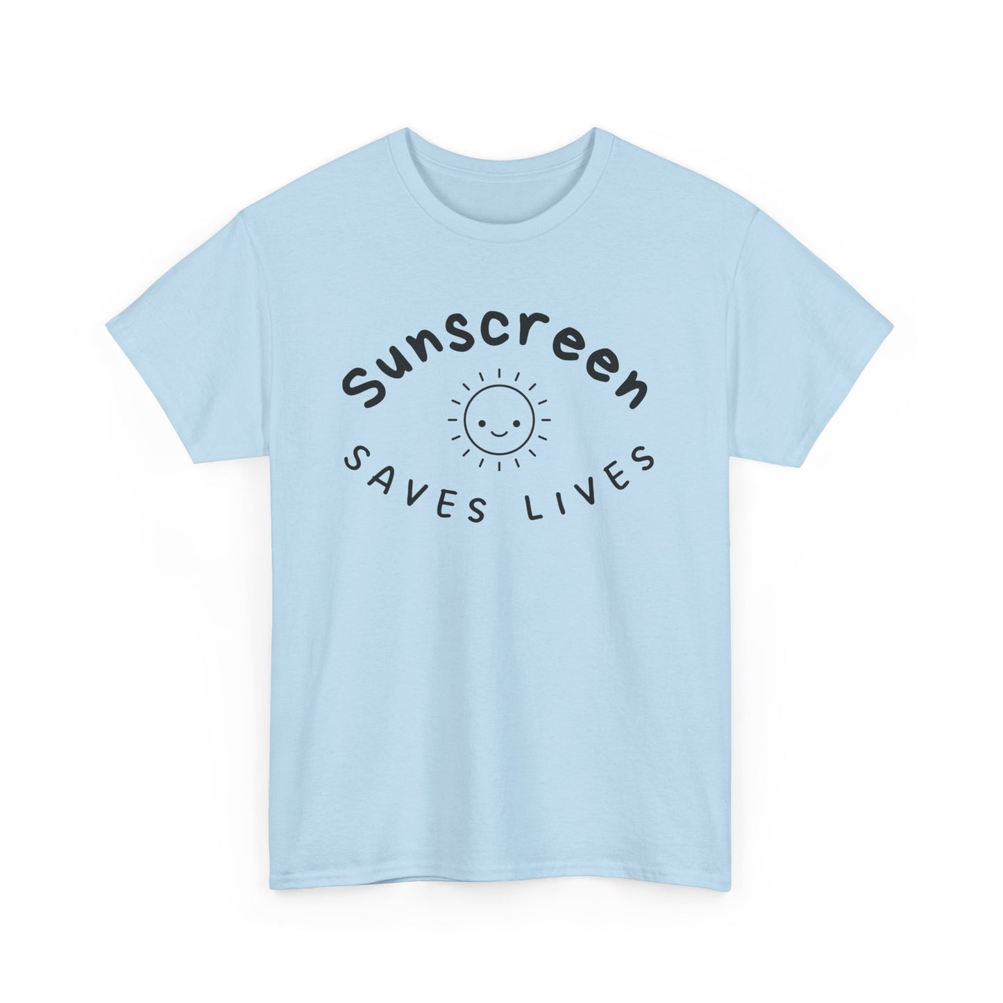 Bold Sunscreen Saves Lives slogan T-shirt, with smiley sun graphic, for anti-aging fashion, SPF awareness, safe sun, sunscreen, skin protection, sun protection statement tee