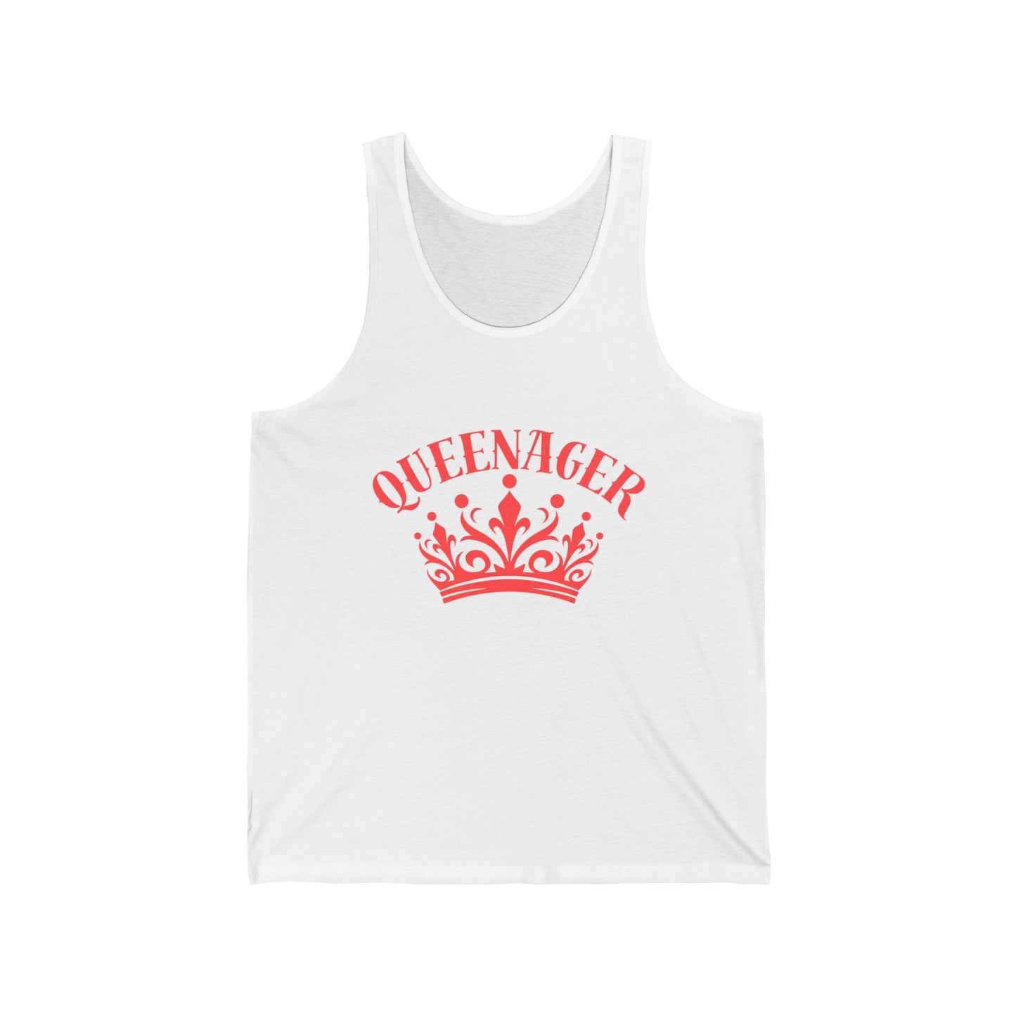 Bold Queenager slogan vest, with crown image, age-positive statement tank, for empowered, confident, empty nesters, fun gift for women in midlife