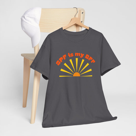 Bold SPF Is MY BFF slogan T-shirt, for anti-aging fashion, SPF awareness, safe sun, sunscreen, skin protection, sun protection statement tee
