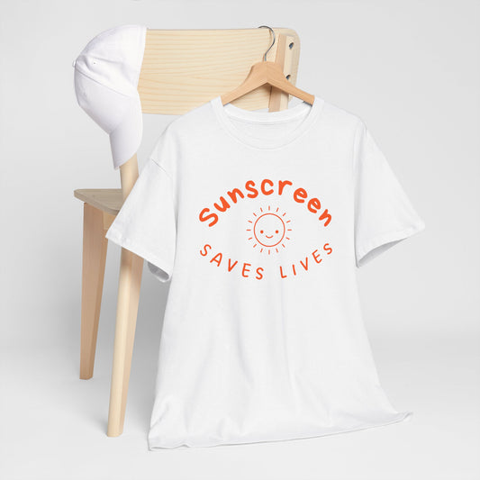Bold Sunscreen Saves Lives slogan T-shirt, with smiley sun graphic, for anti-aging fashion, SPF awareness, safe sun, sunscreen, skin protection, sun protection statement tee